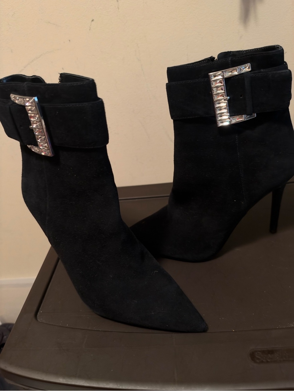 Michael Kors Black Suede Pointed Ankle Boots with Studded Buckle